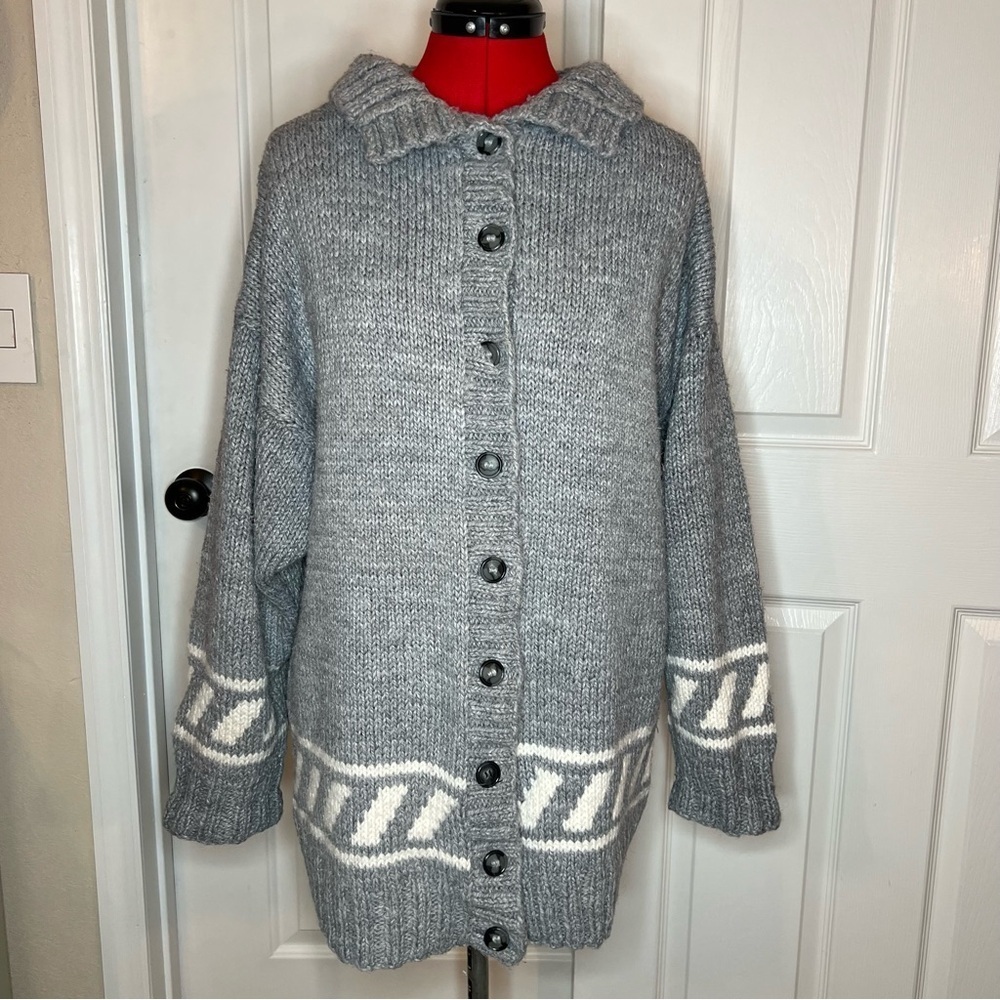 Handmade Chunky Knit Gray White Button Down Cardigan Women L/XL? See Measurement